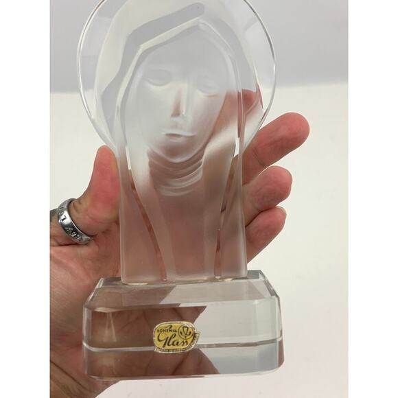 VTG Czech Bohemia Glass Crystal Mary & Jesus Frosted Figures 1970's Set Bookend - Picture 9 of 16